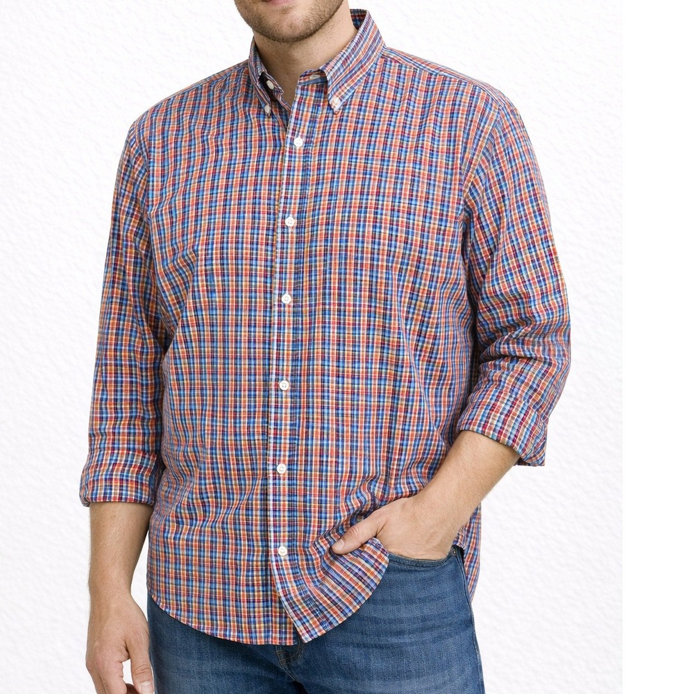 Men's XL Orange Blue Plaid Button Up Shirt‎ Long Sleeve Classic Casual Workwear